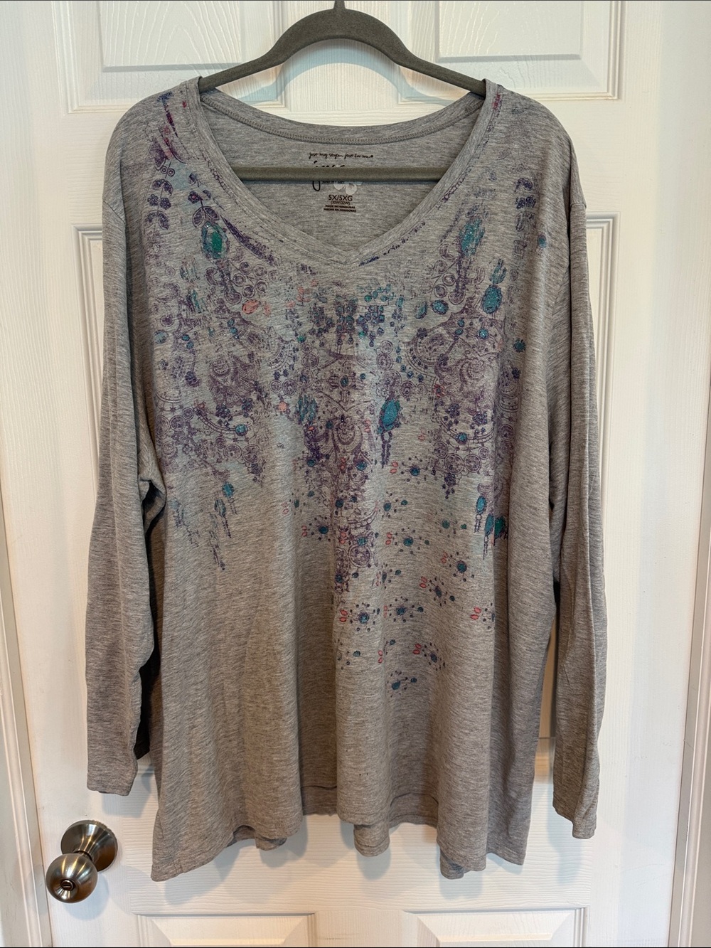 Grey V-Neck Printed Long Sleeve Top